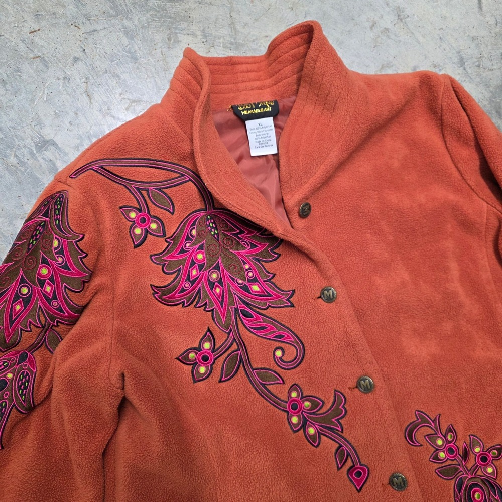 Bob Mackie Wearable Art Fleece Jacket Embroidered Floral Orange XL